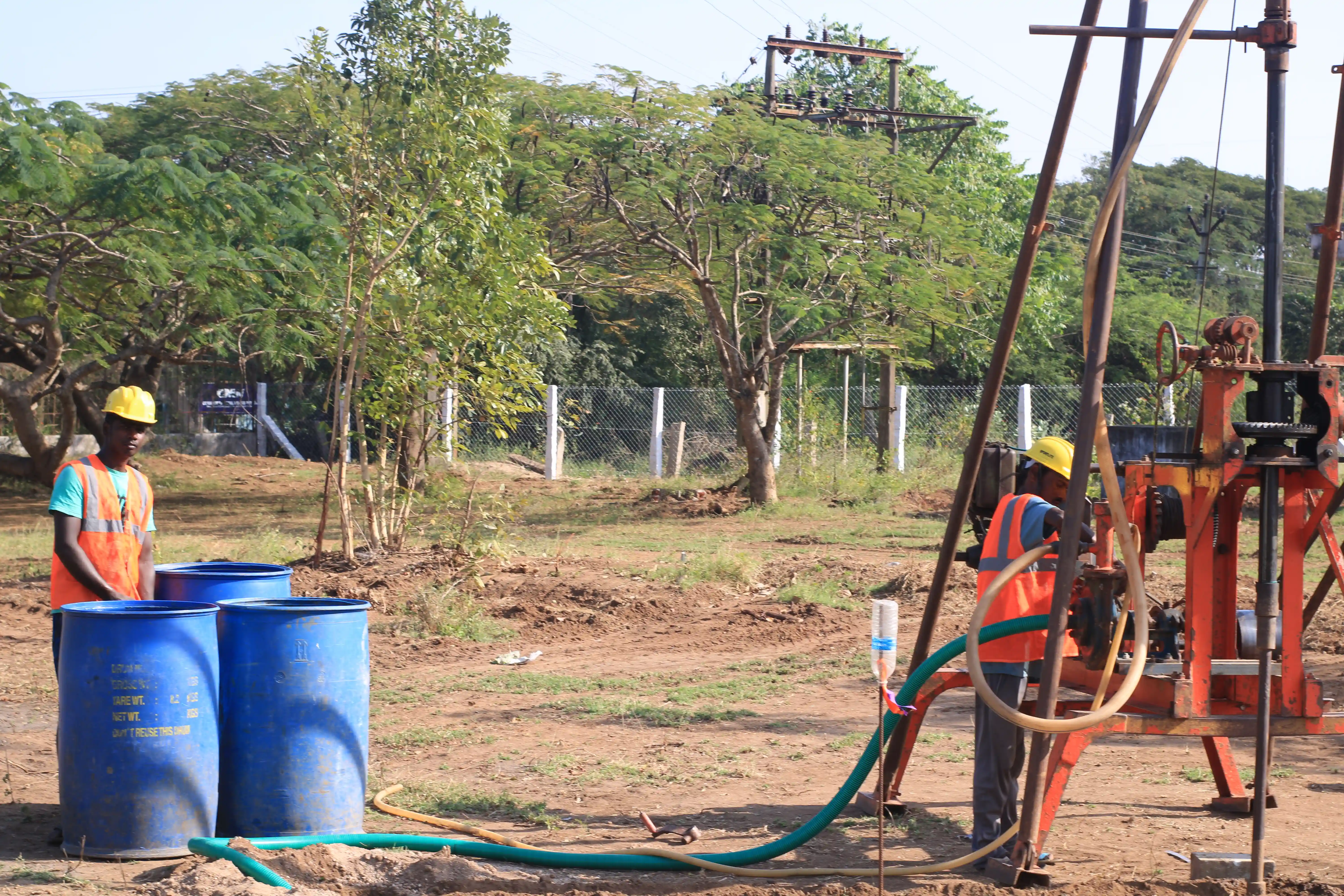 Soil rig at coastal location with palm trees