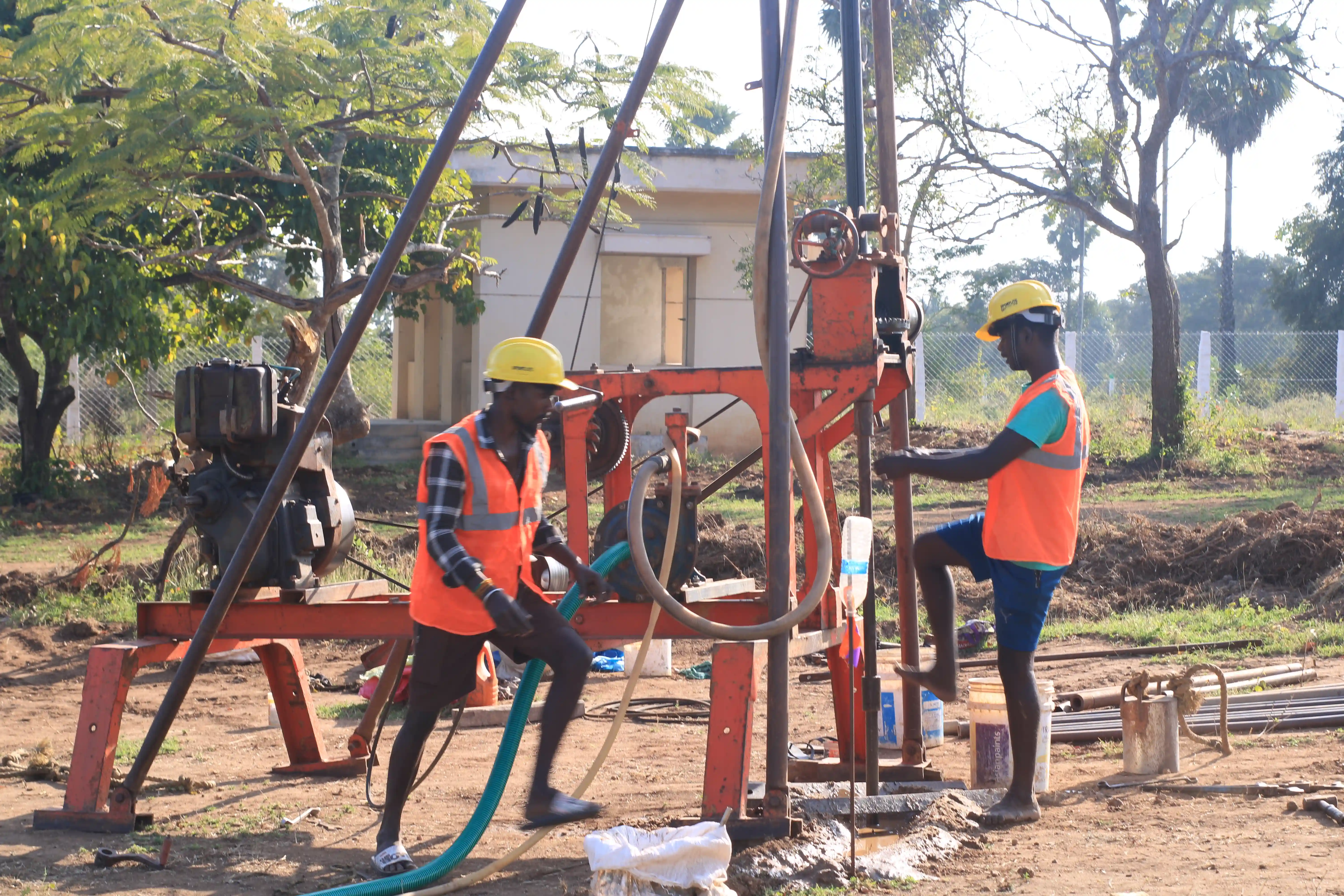 Soil rig at coastal location with palm trees