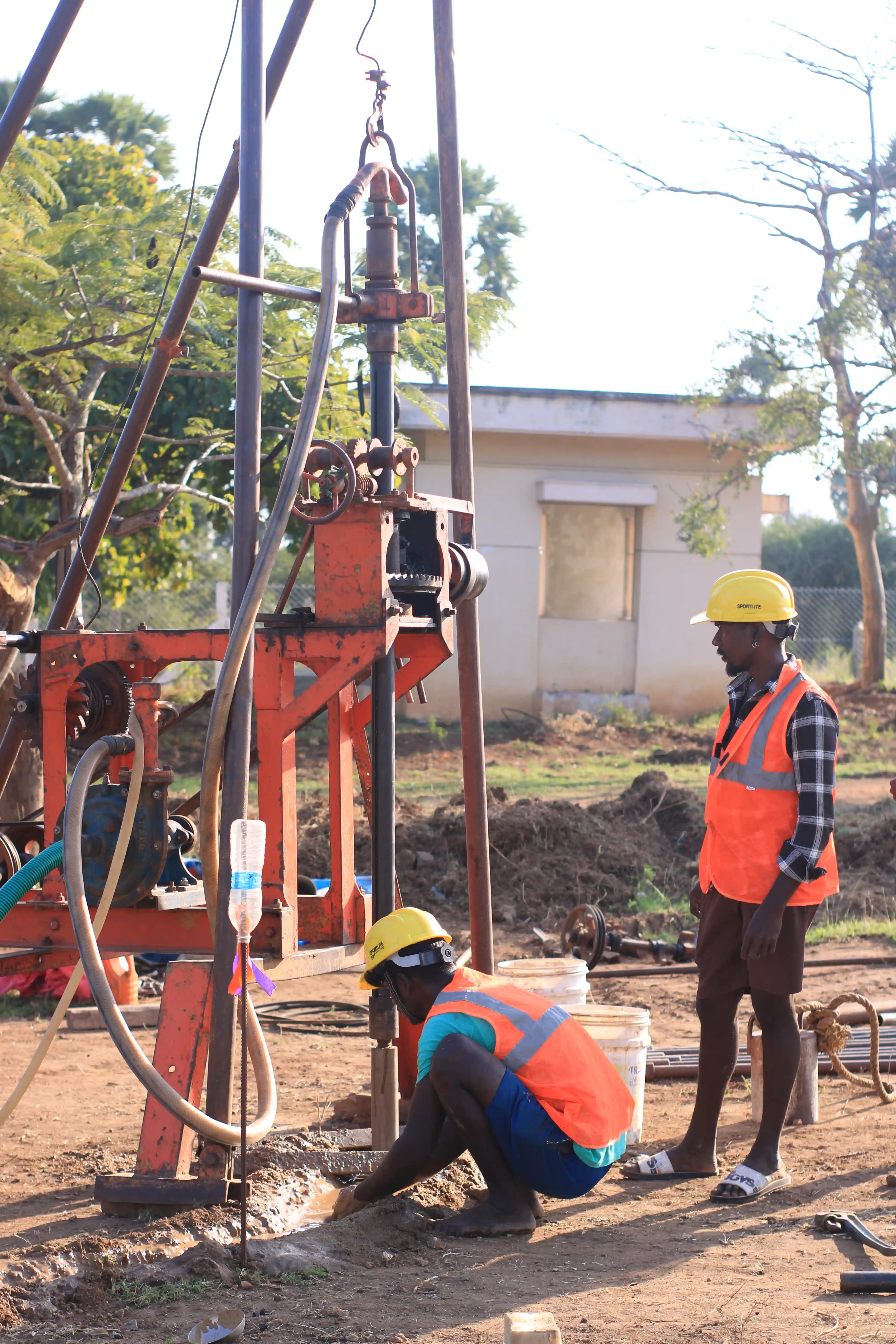 Soil rig at coastal location with palm trees