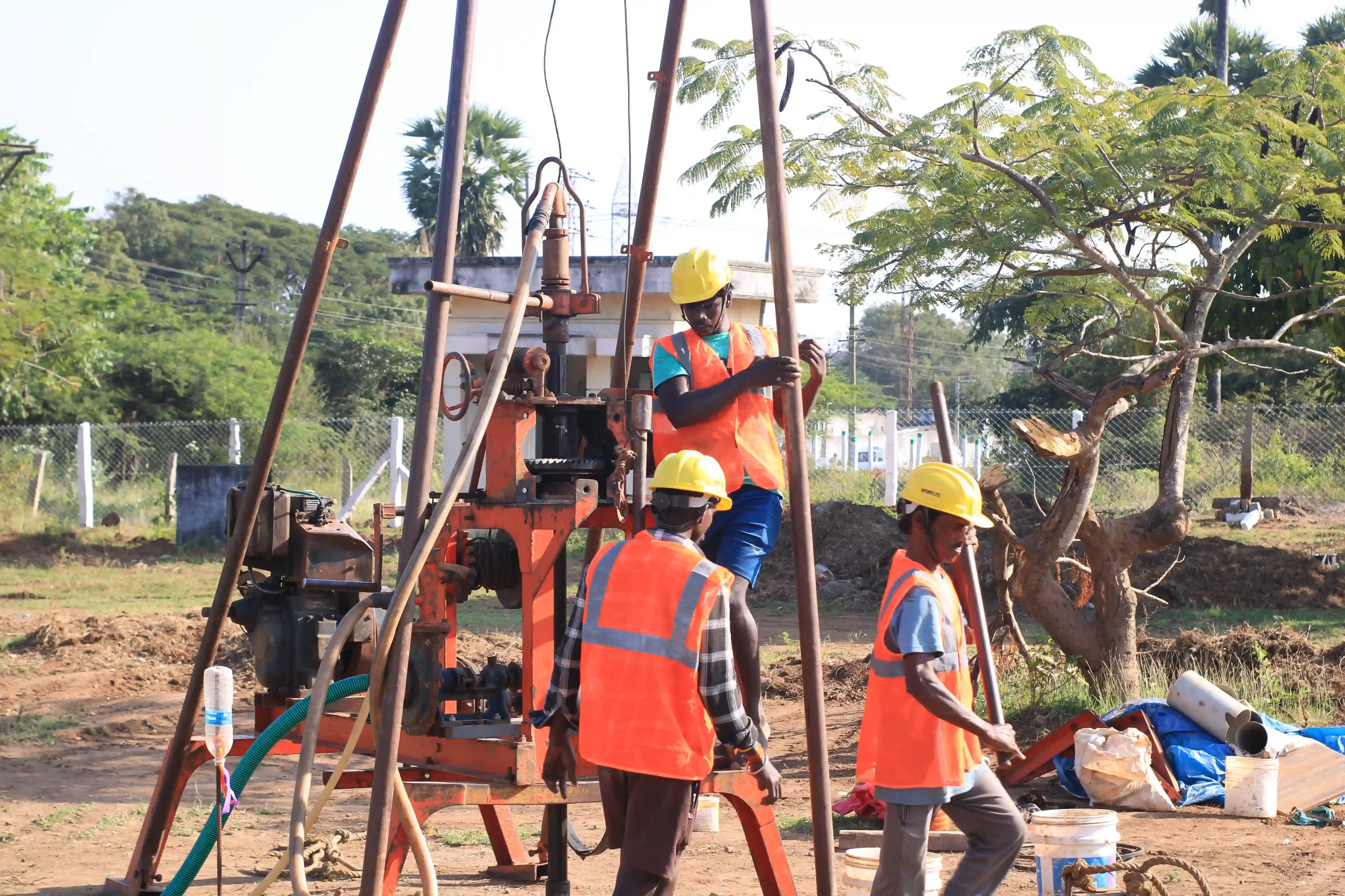 Soil rig at coastal location with palm trees
