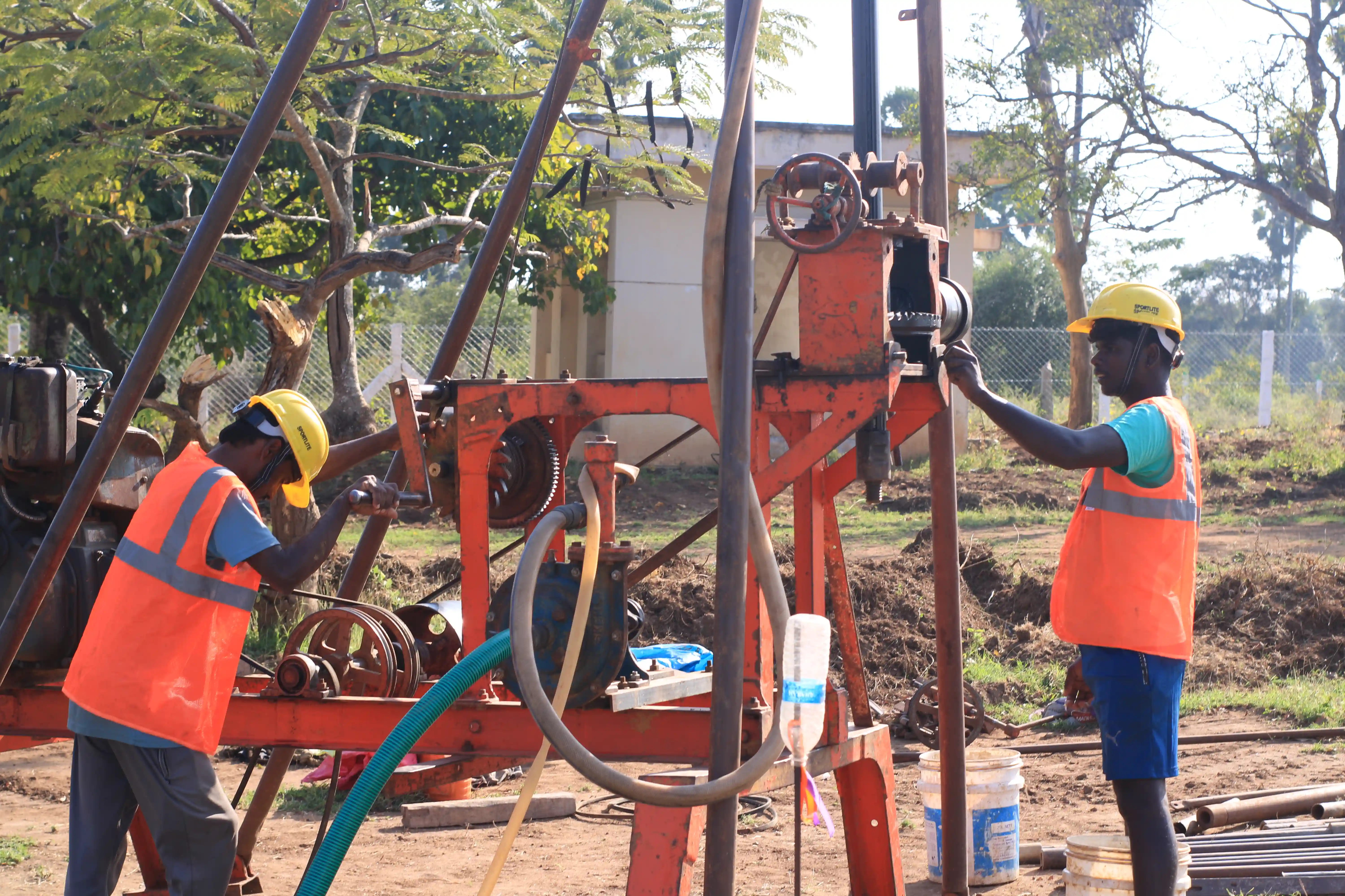 Soil rig at coastal location with palm trees
